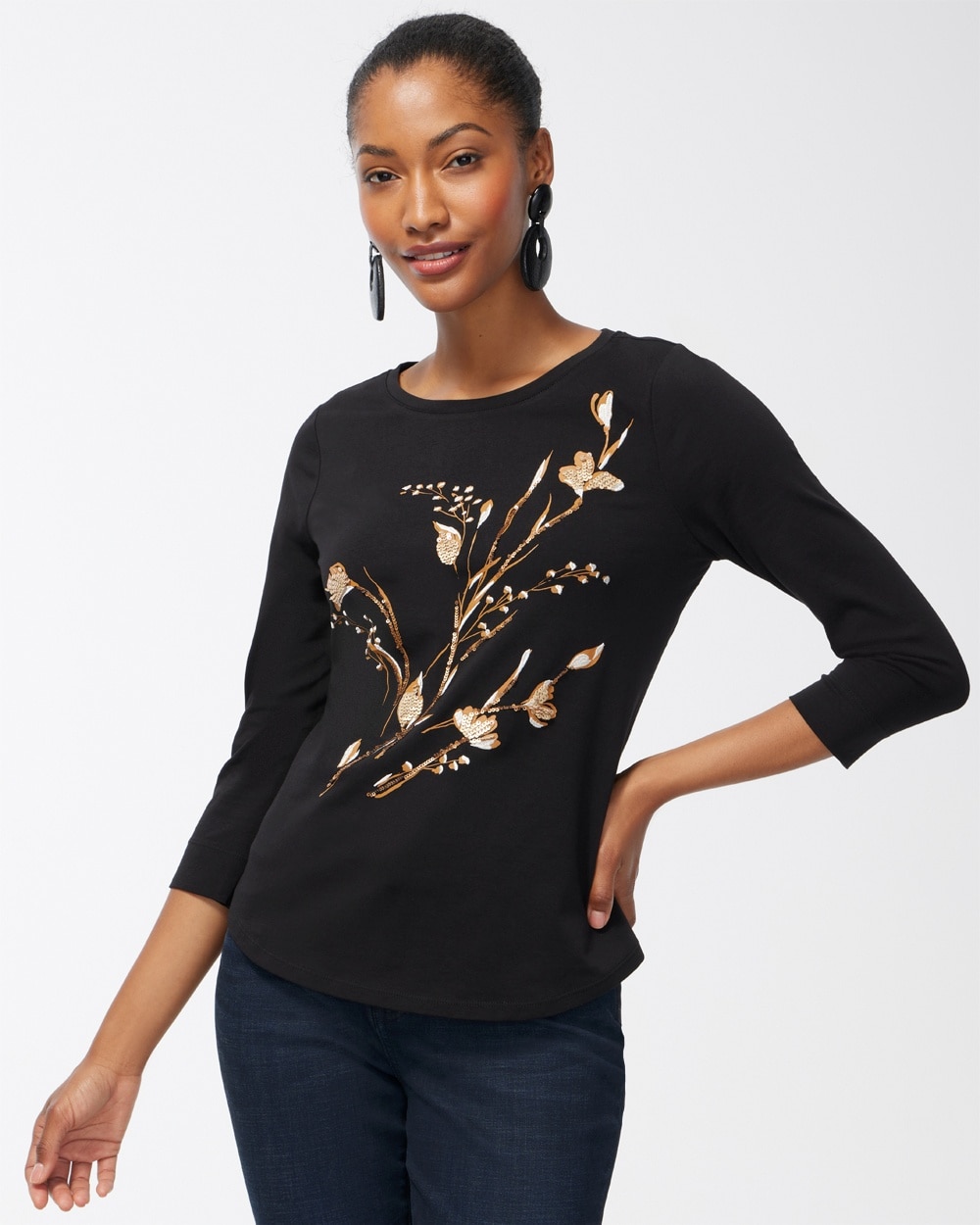 Chico's Tops | Embellished Tree Print Tee Black