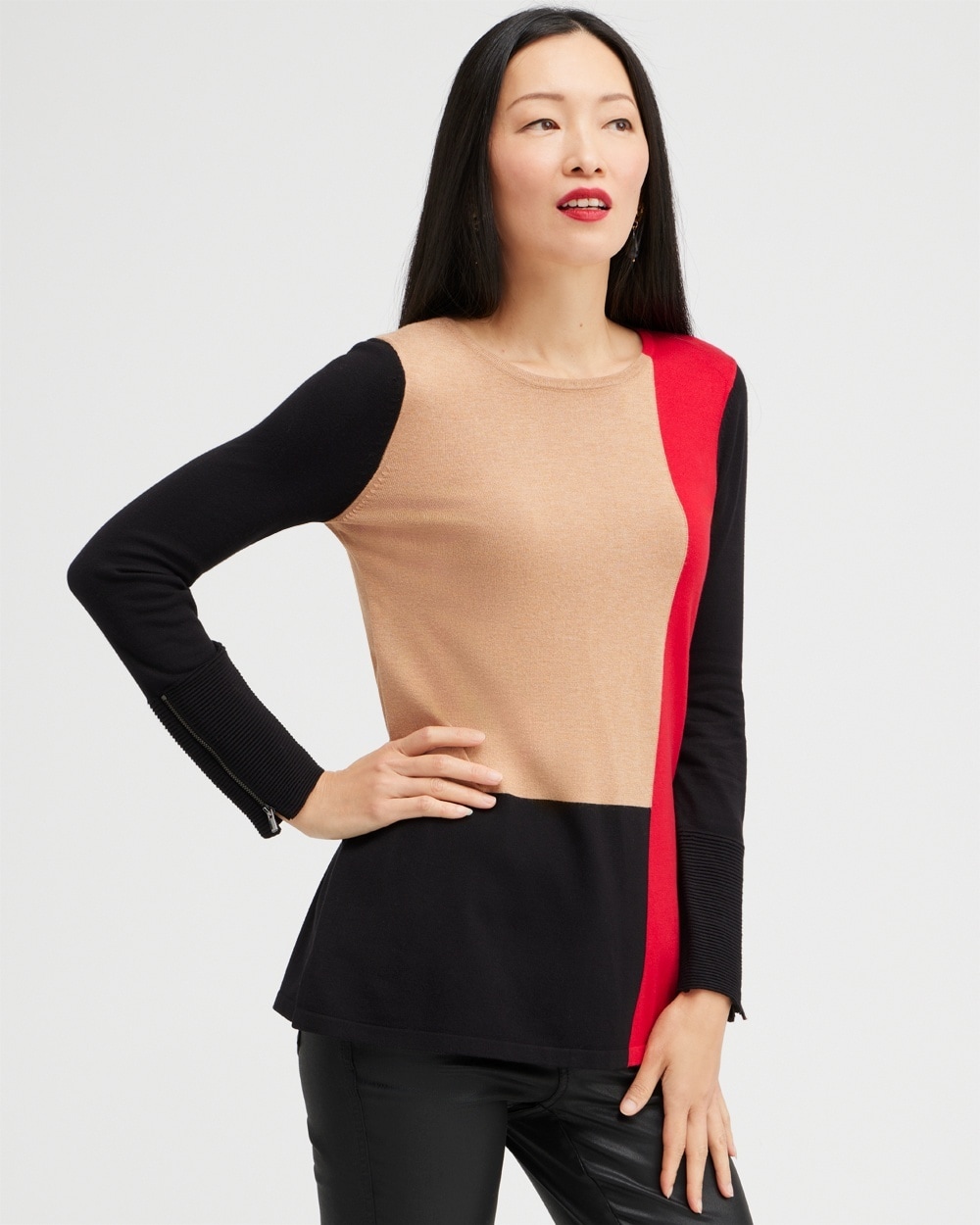 Chico's Sweaters | Colorblock Zipper Detail Sweater Tunic Wild Poppy