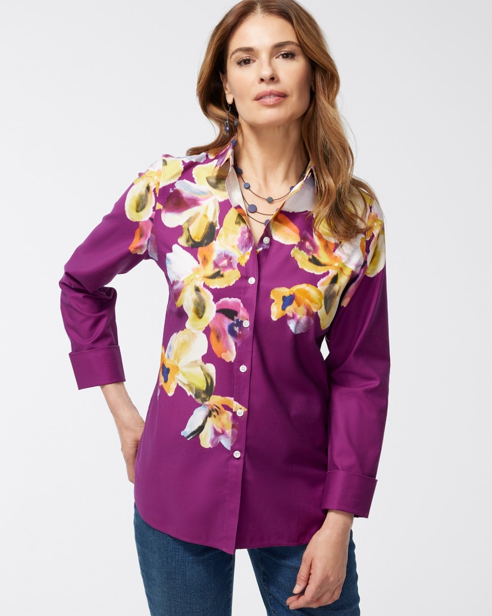 Chico's | No Iron Stretch Botanical Shirt Sweet Berry