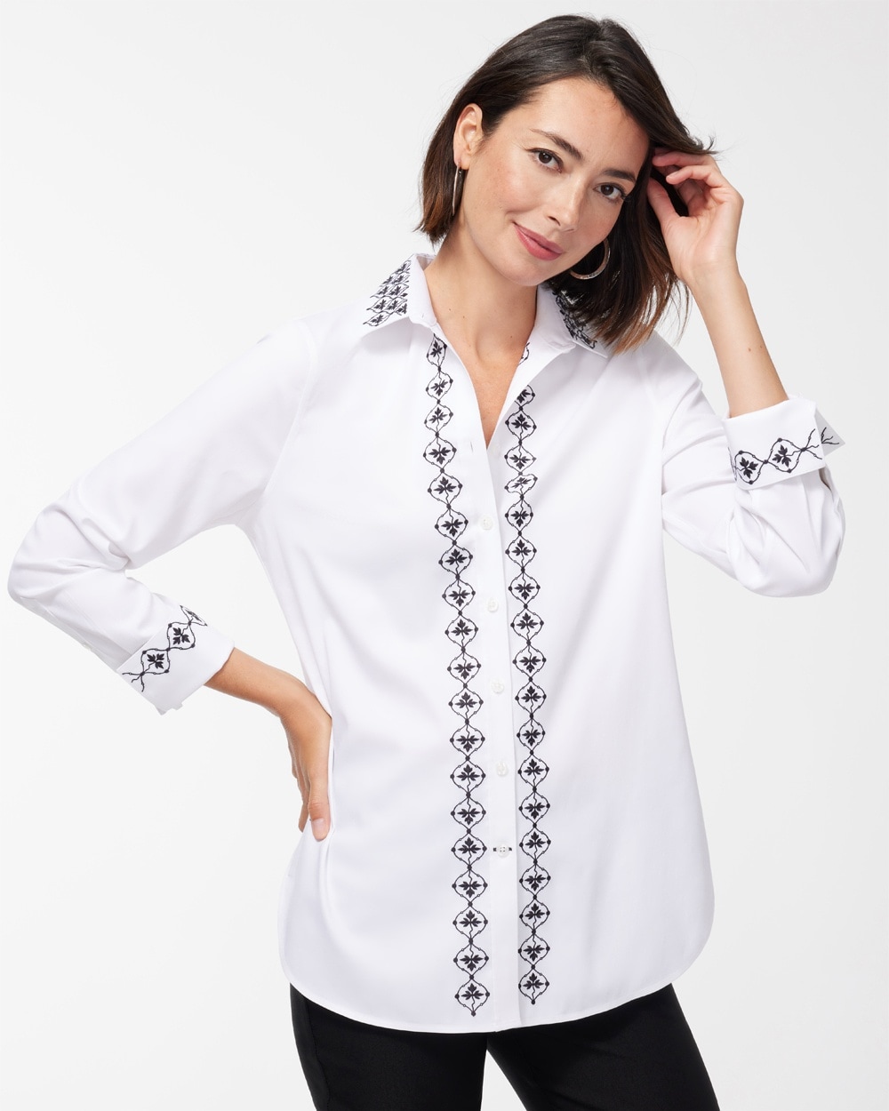 Chico's | No Iron Stretch Embroidered Shirt Optic White