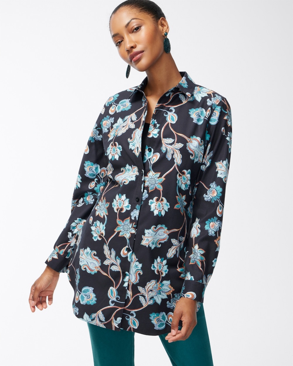 Chico's | No Iron Stretch Floral Tunic Peacock Teal