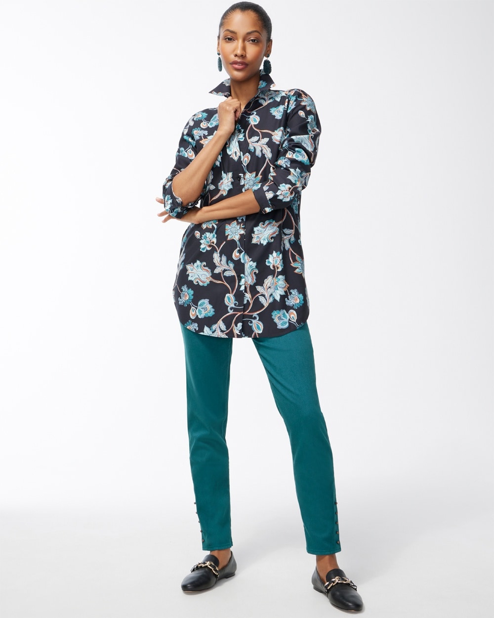 Chico's | No Iron Stretch Floral Tunic Peacock Teal