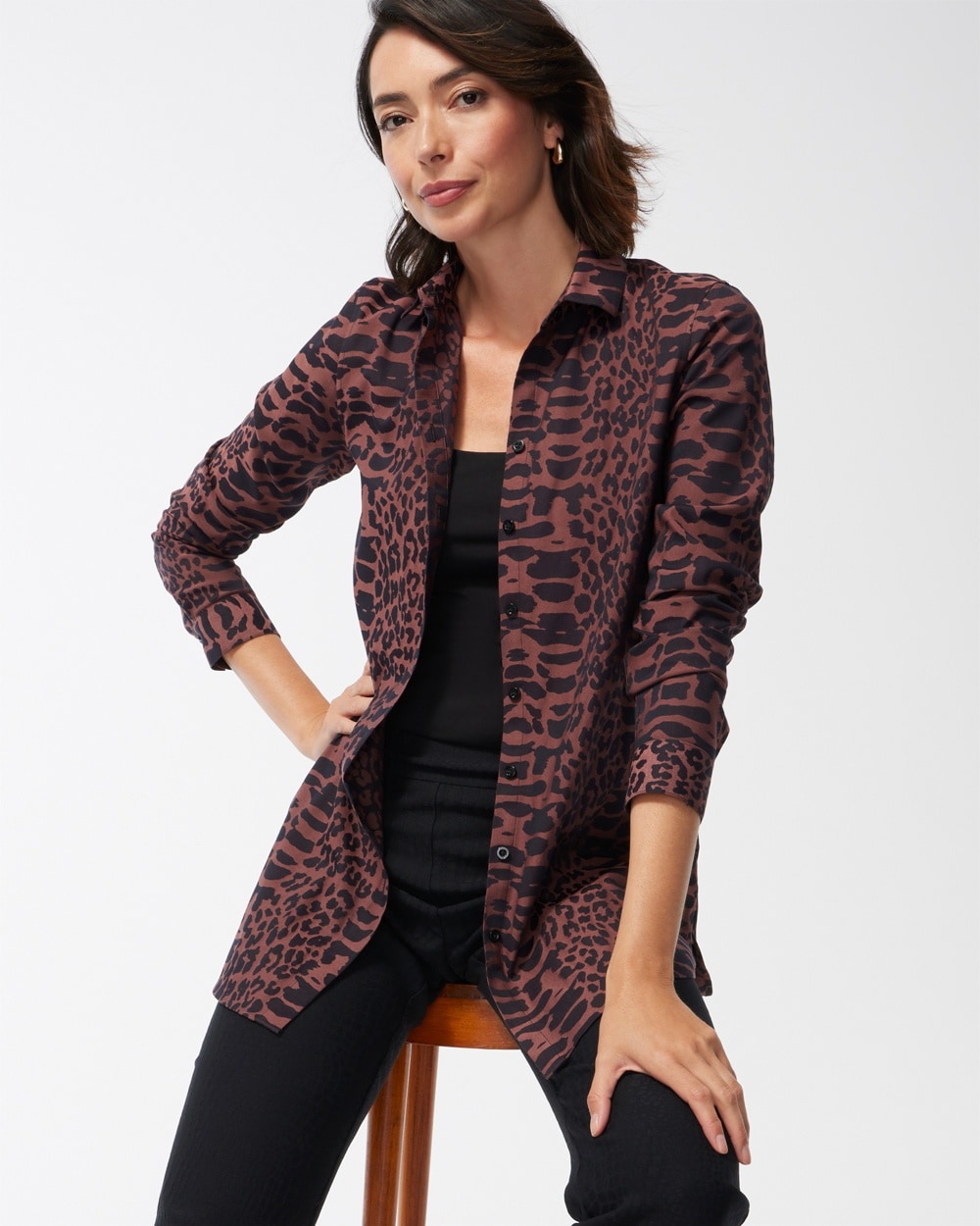 Chico's | No Iron Stretch Animal Print Tunic Sable Brown