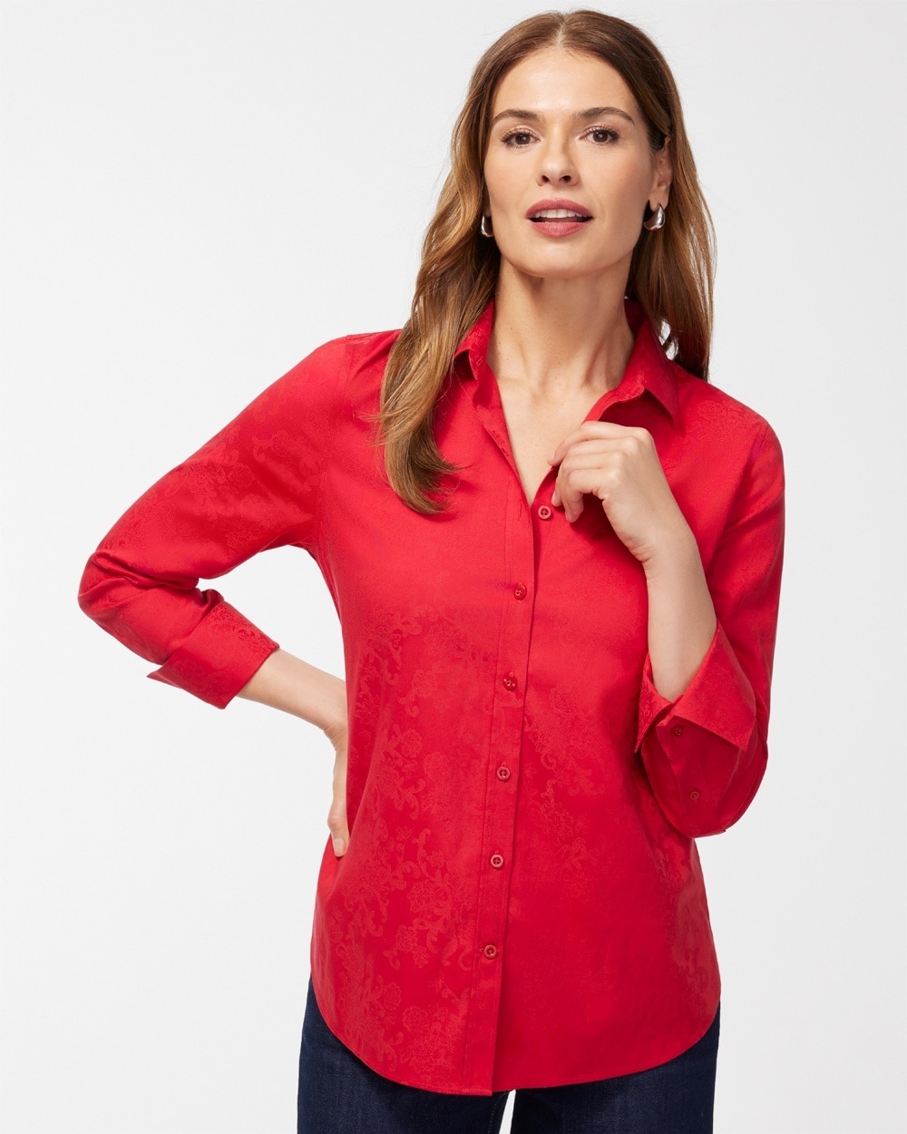 Chico's | No Iron Stretch Jacquard Print Shirt Wild Poppy