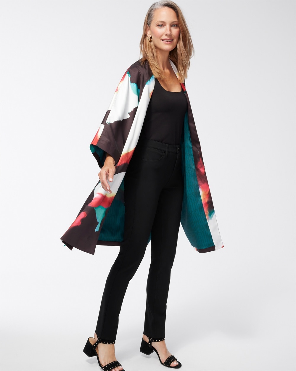 Chico's Scarves | Abstract Print Long Kimono Black