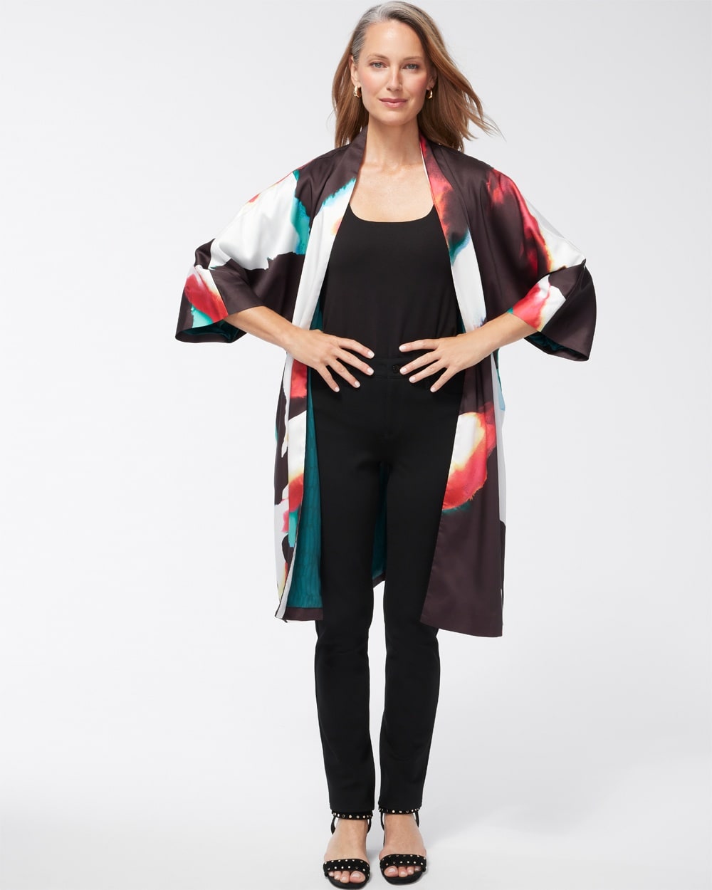 Chico's Scarves | Abstract Print Long Kimono Black