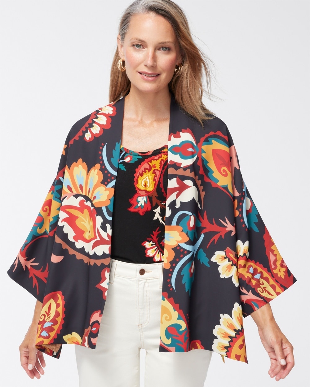 Chico's Scarves | Paisley Print Short Kimono Black