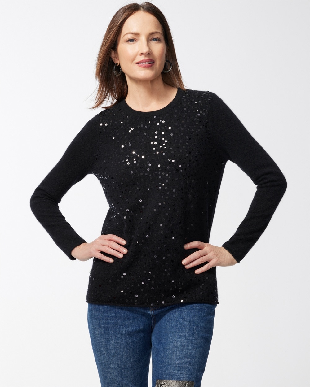 Chico's Sweaters | Cashmere Sequin Crew Neck Sweater Black