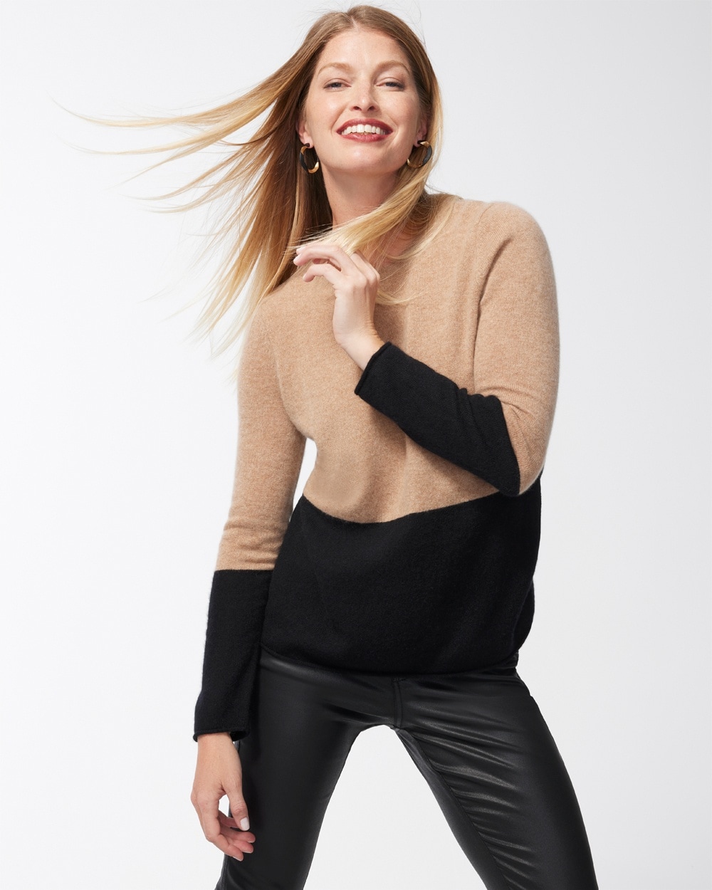 Chico's Sweaters | Cashmere Colorblock Crew Neck Sweater Black