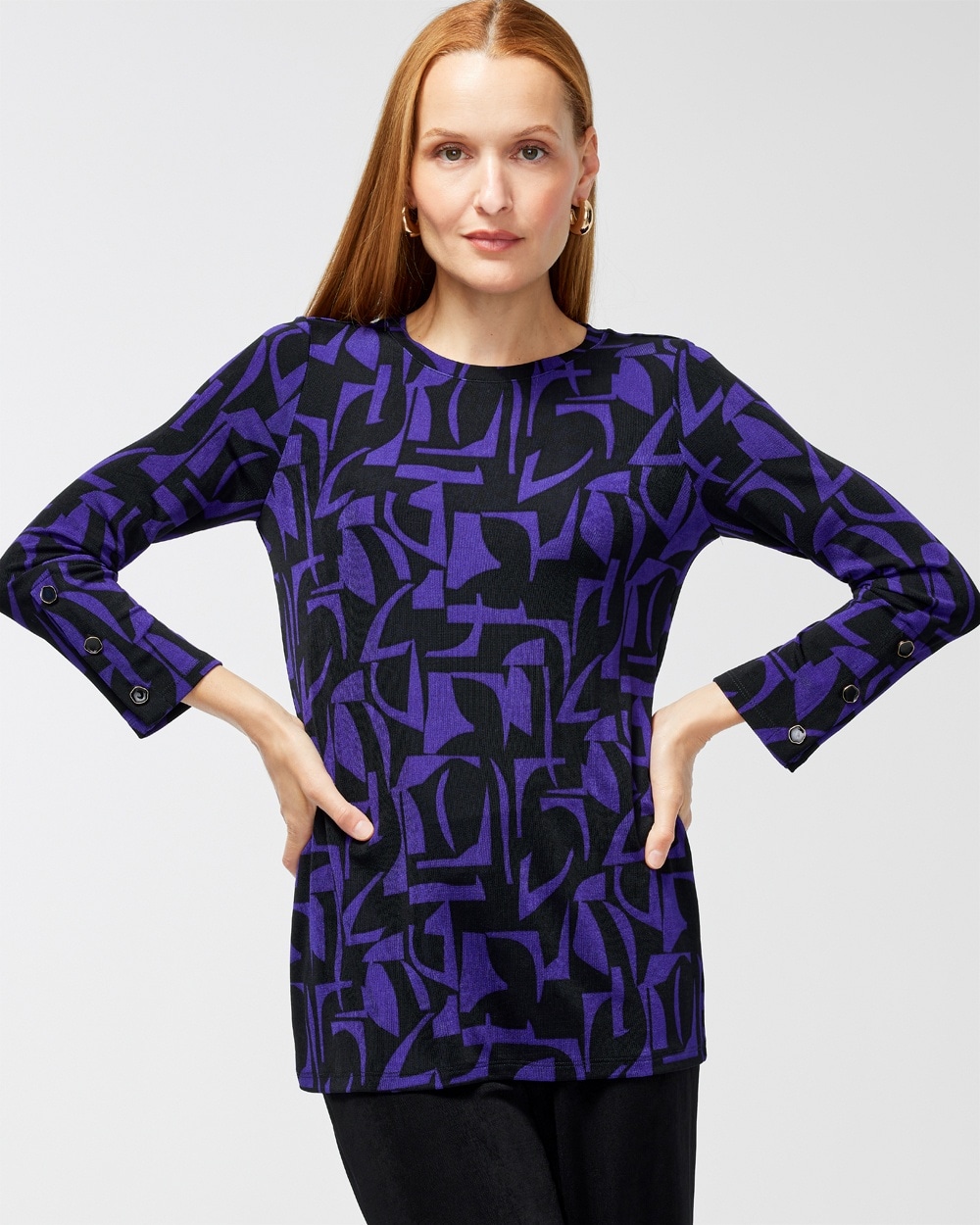 Chico's | Travelers Abstract Button Sleeve Top Florentia Plum