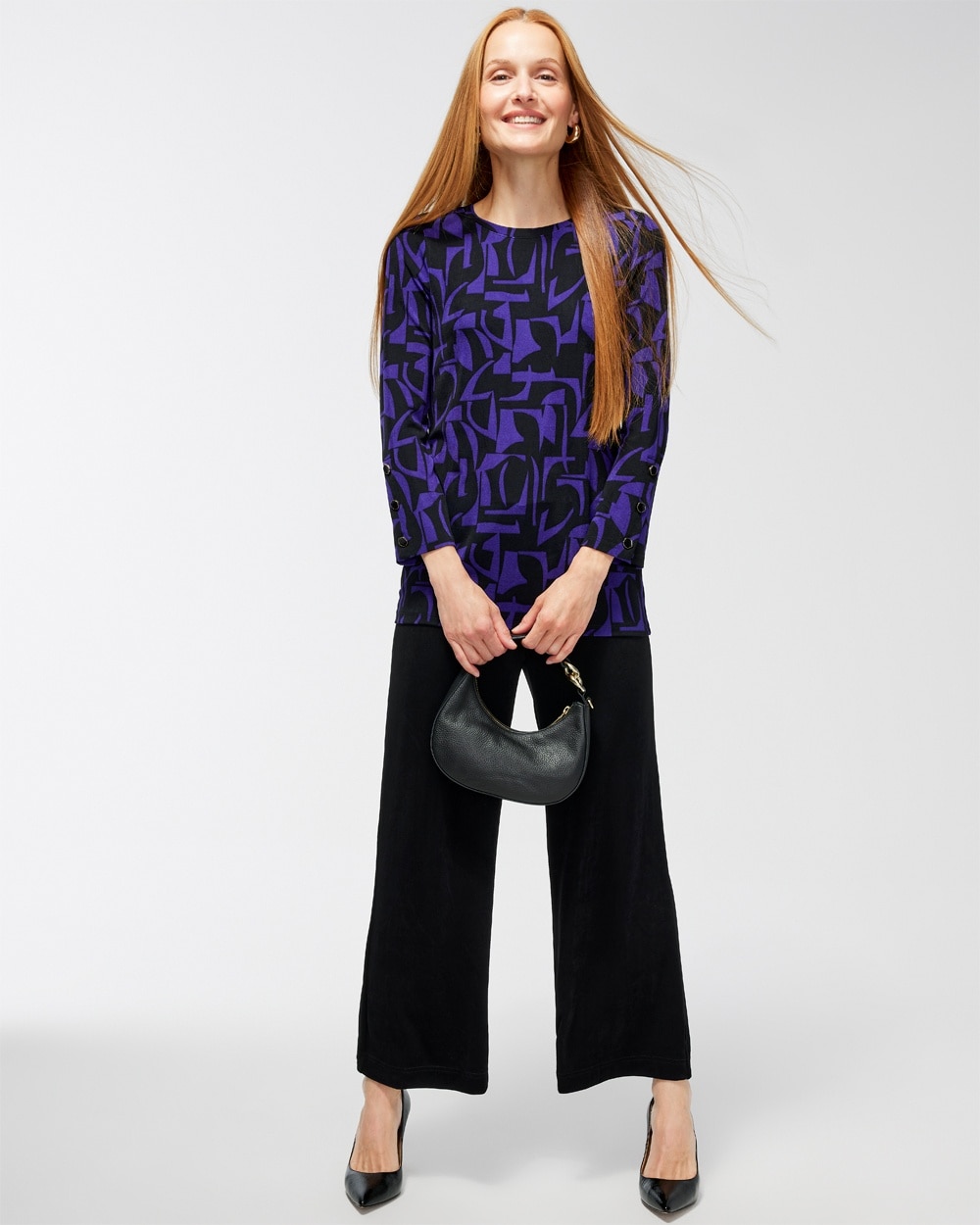 Chico's | Travelers Abstract Button Sleeve Top Florentia Plum