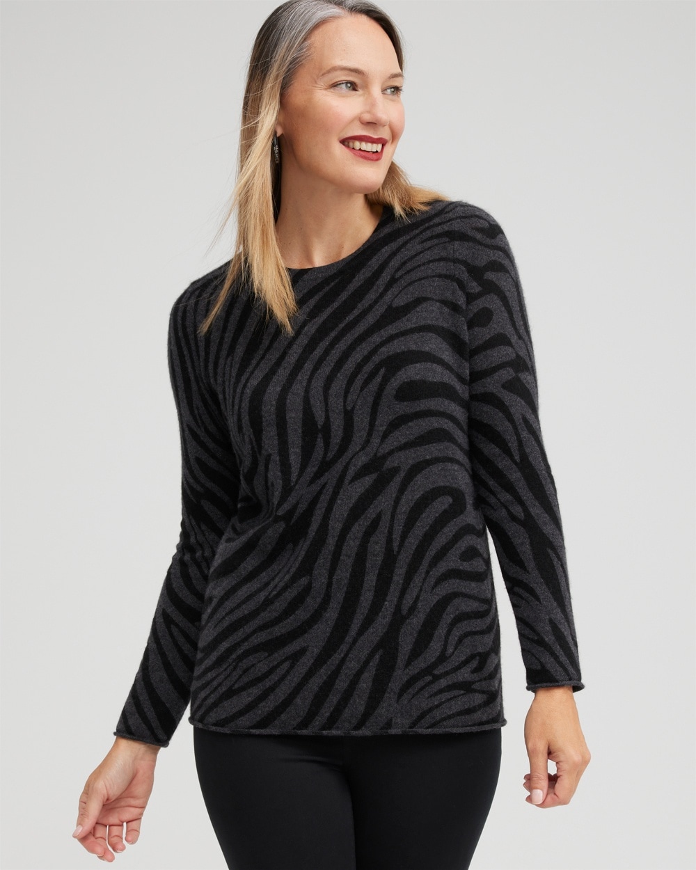 Chico's Sweaters | Cashmere Zebra Crew Neck Sweater Dark Heather Grey