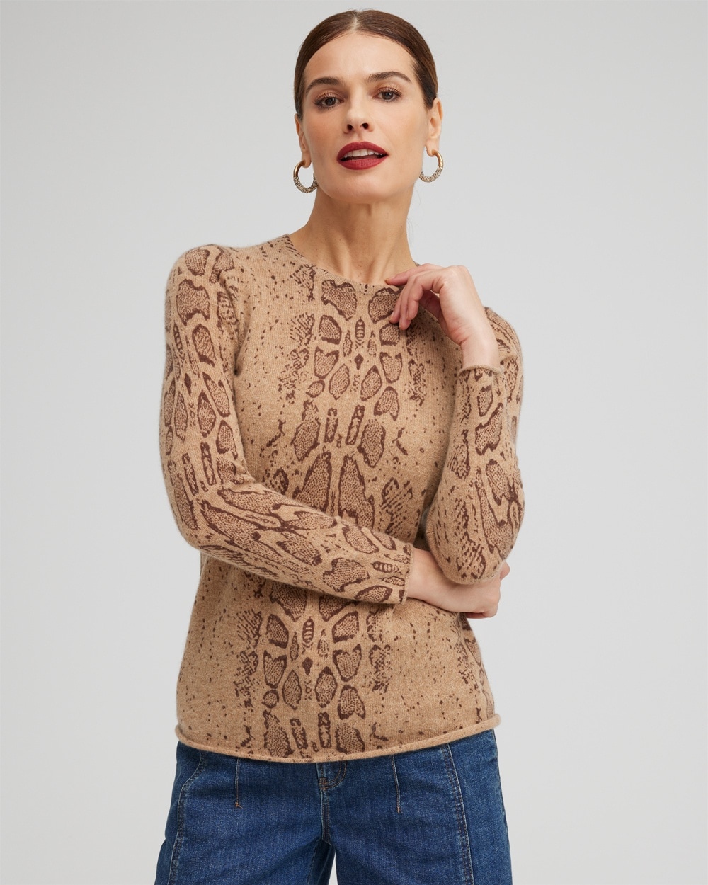 Chico's Sweaters | Cashmere Snake Crew Neck Sweater Brown