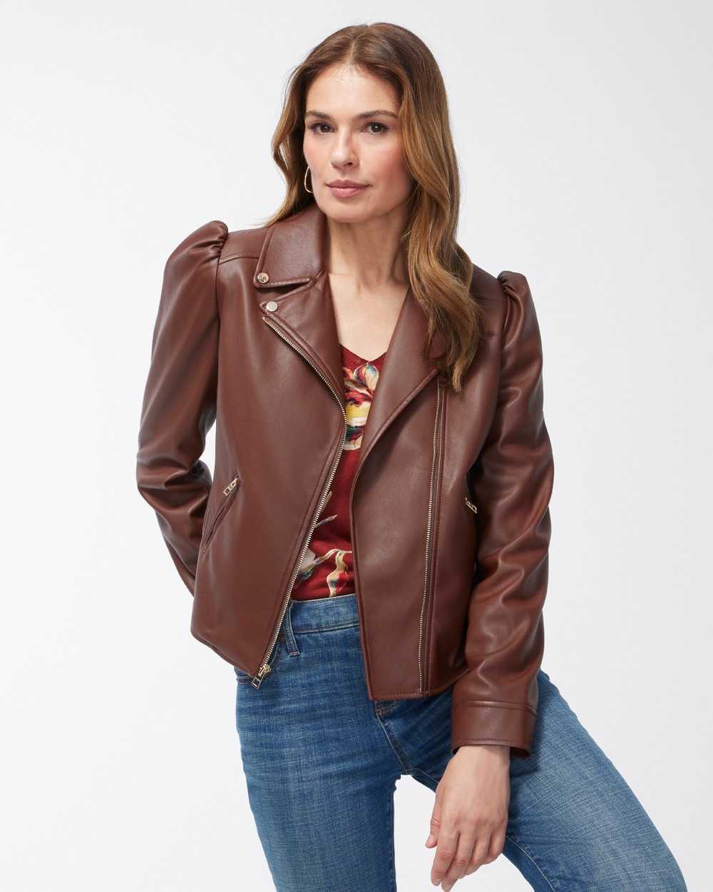 Chico's Jackets & Coats | Faux Leather Cropped Moto Jacket Cambridge Brown