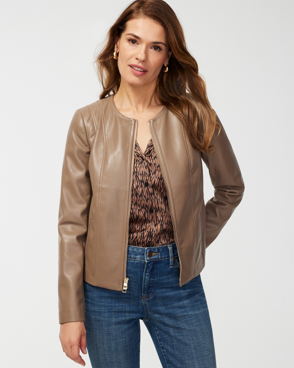 Chico's Jackets & Coats | Faux Leather Knit Detail Jacket Caribou Brown