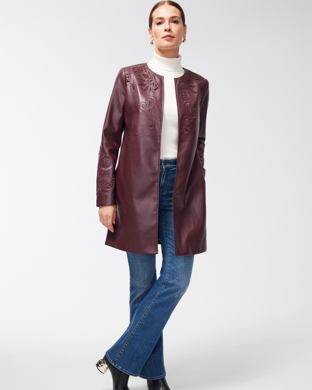 Chico's | Petite Faux Leather Cutwork Topper Windsor Wine