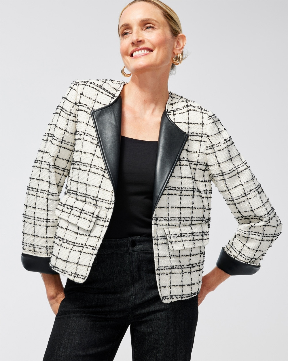 Chico's Jackets & Coats | Tweed Faux Leather Trim Jacket Ecru