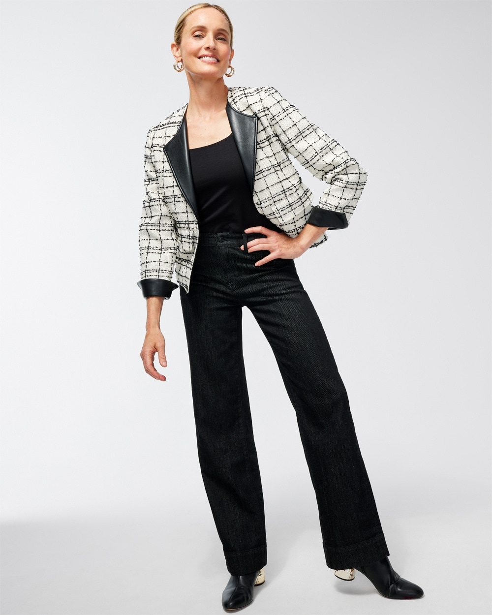 Chico's Jackets & Coats | Tweed Faux Leather Trim Jacket Ecru