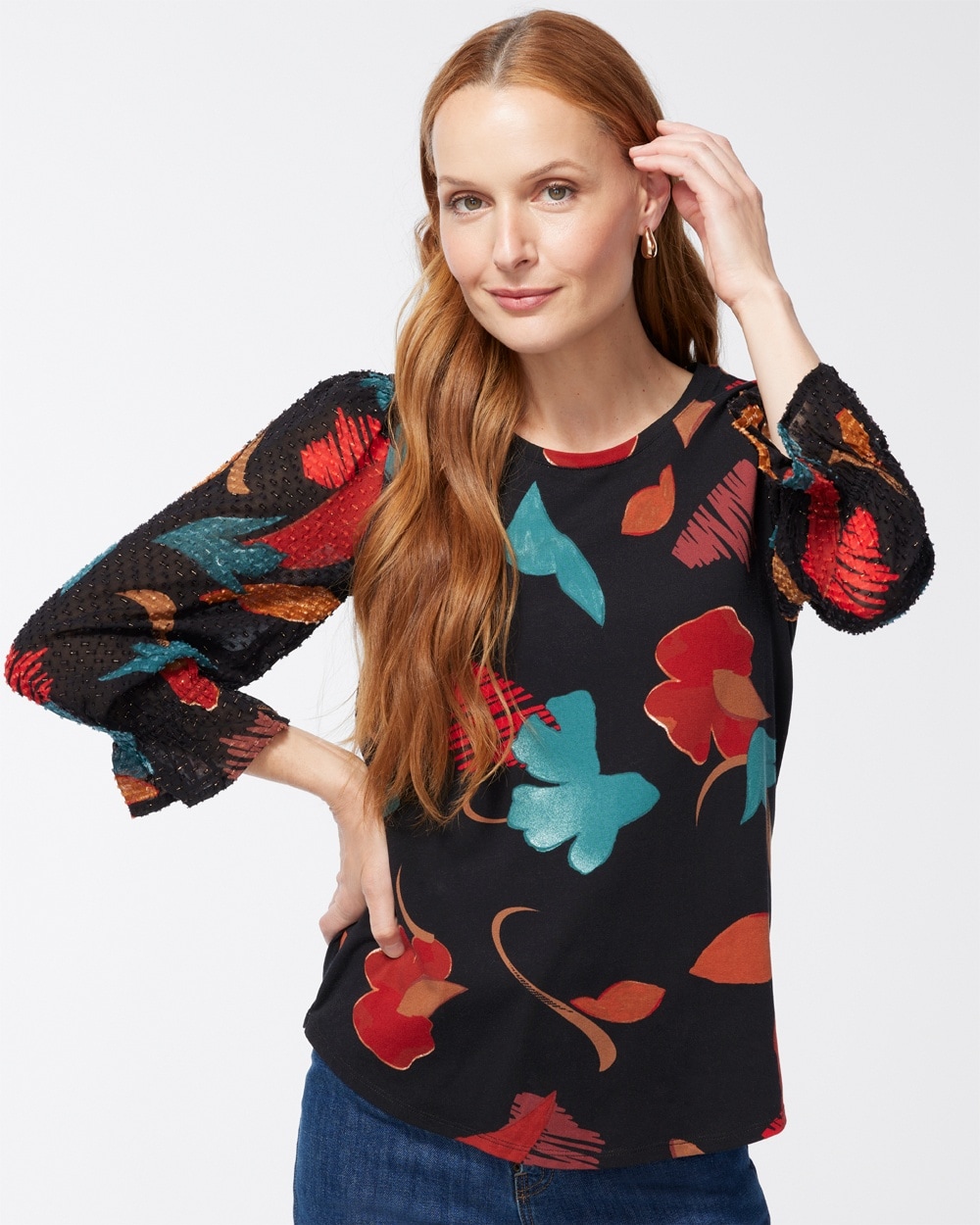 Chico's Best Sellers | Abstract Print Chiffon Sleeve Top Peacock Teal