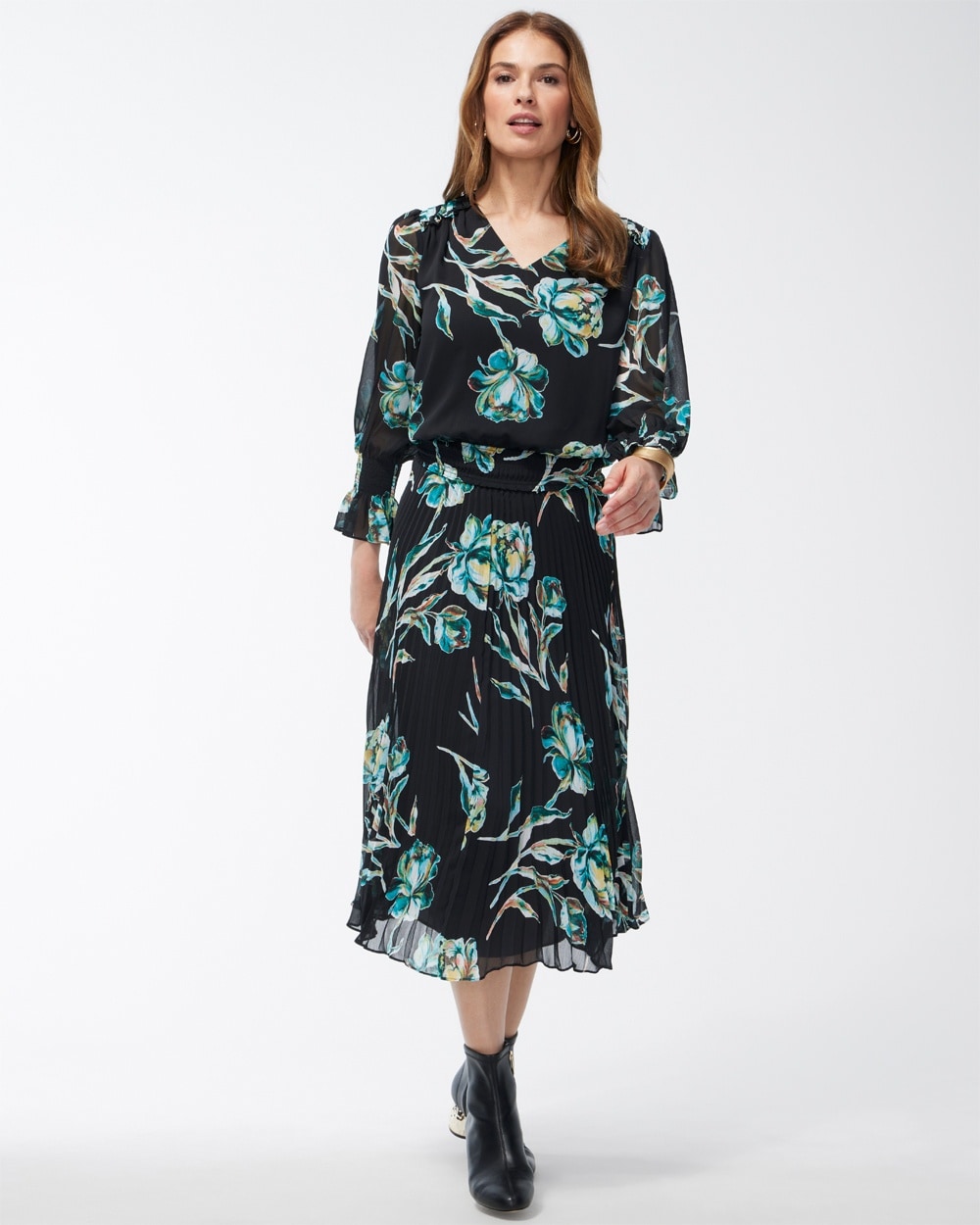 Chico's Dresses & Skirts | Crepe Pleated Floral Midi Dress Ceramic Green