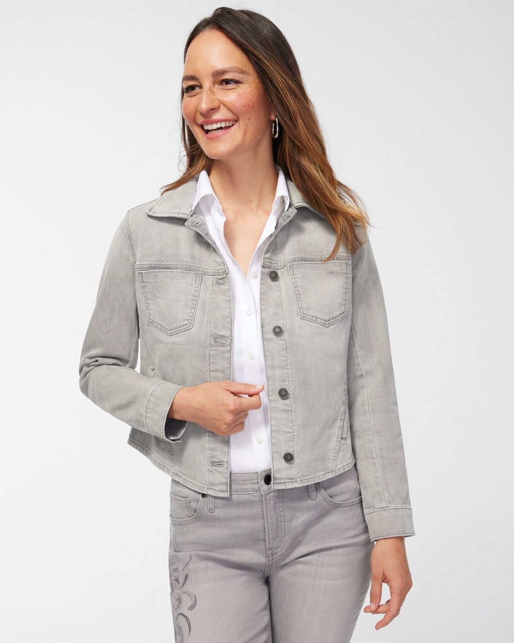 Chico's Jackets & Coats | Gray Denim Jacket Silver Birch Wash