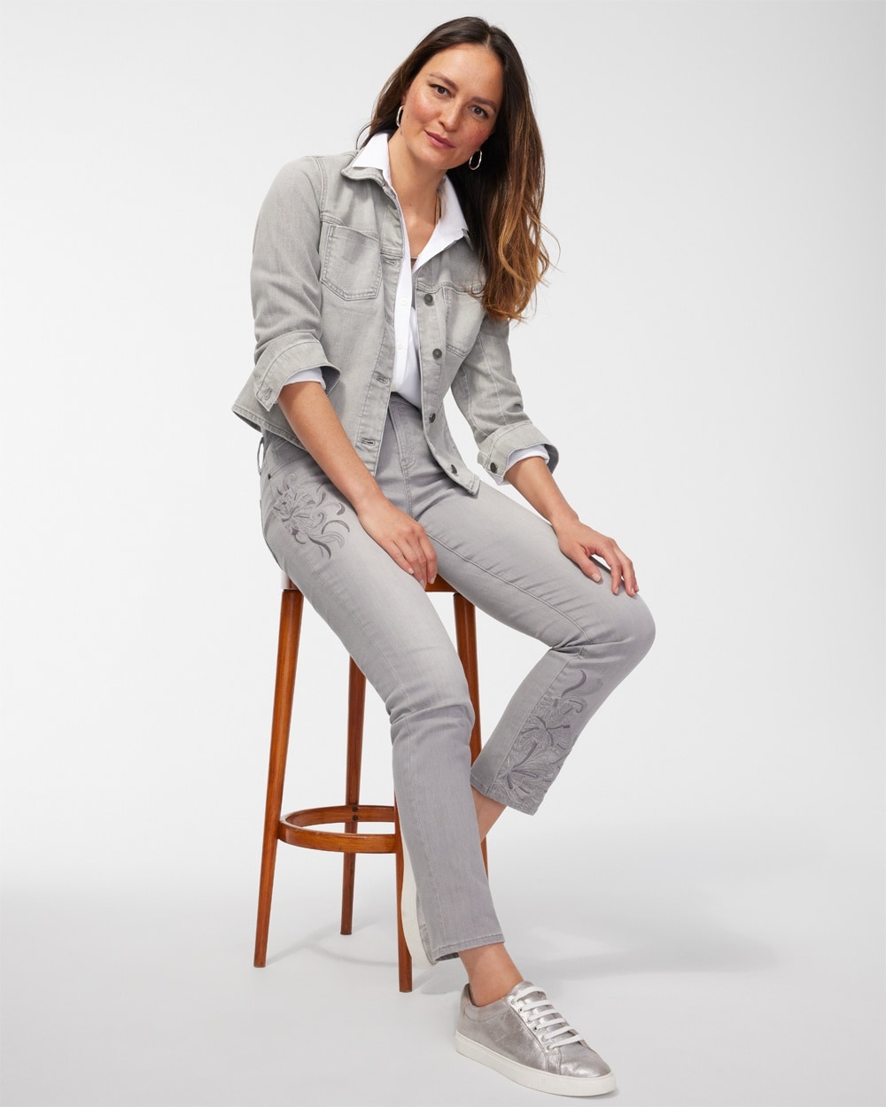 Chico's Jackets & Coats | Gray Denim Jacket Silver Birch Wash