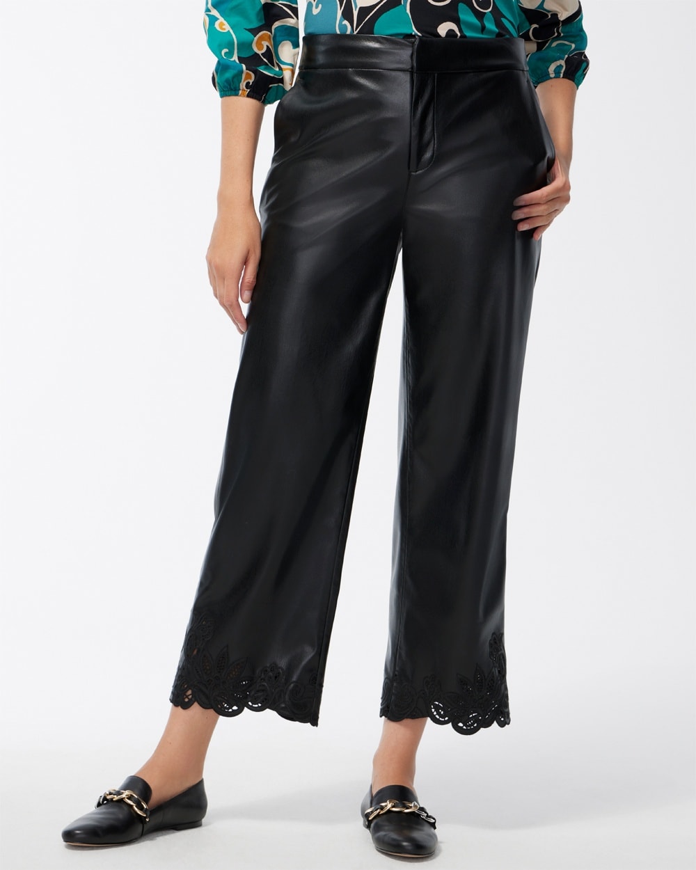 Chico's Jackets | Petite Faux Leather Cutwork Hem Trousers Black