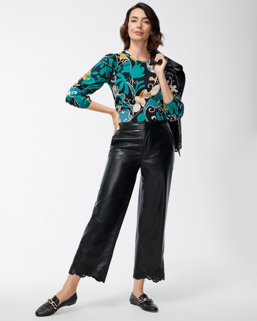 Chico's Jackets | Petite Faux Leather Cutwork Hem Trousers Black