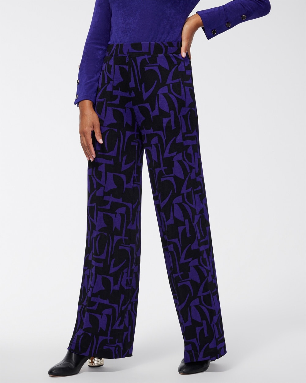 Chico's Jackets | Petite Travelers Abstract Wide Leg Pants Florentia Plum