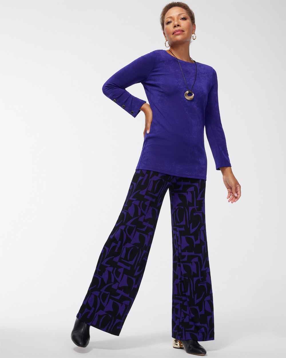 Chico's Jackets | Petite Travelers Abstract Wide Leg Pants Florentia Plum