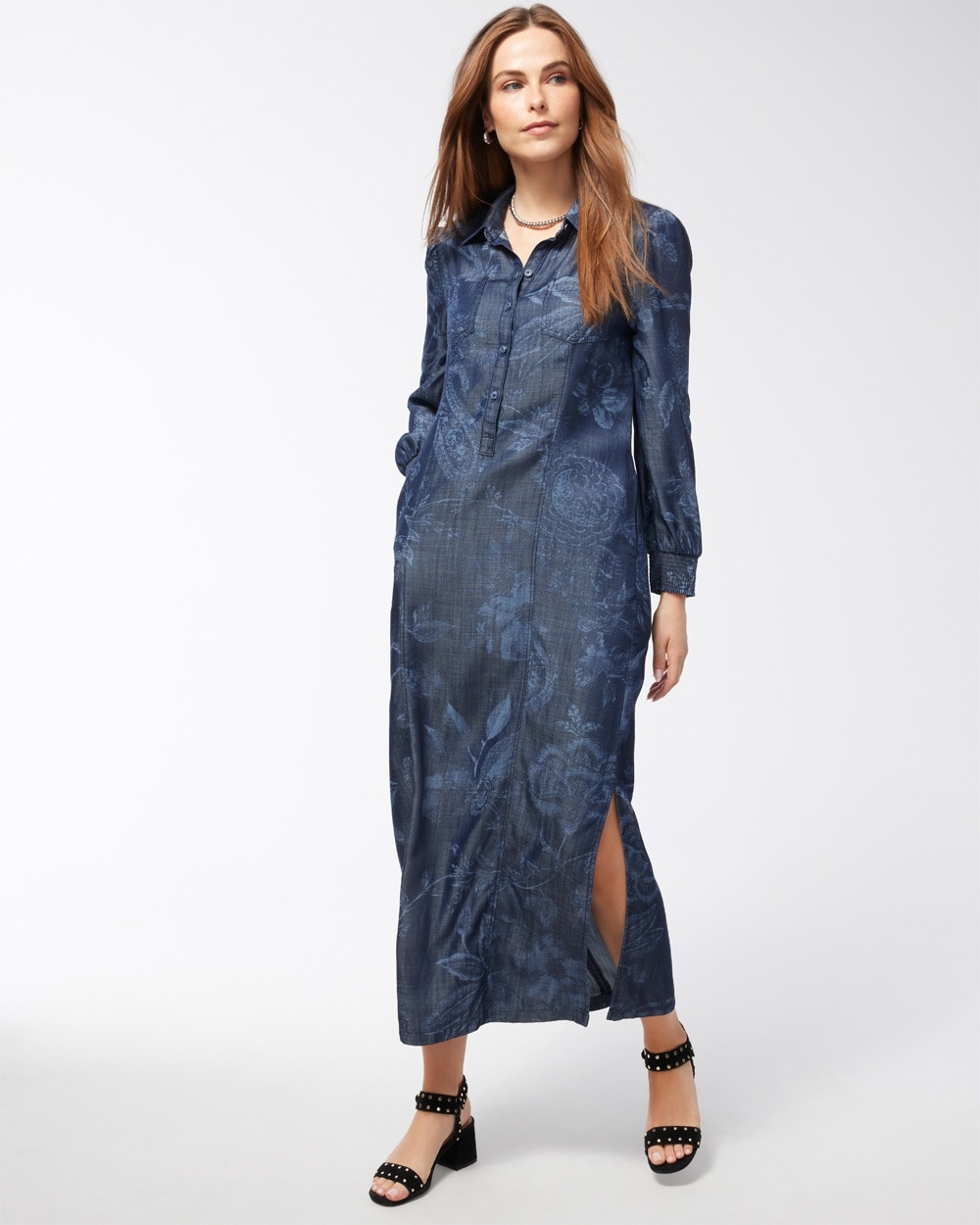 Chico's Dresses & Skirts | Tencel Floral Shirt Dress Blue