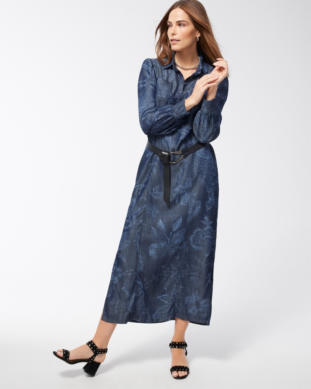 Chico's Dresses & Skirts | Tencel Floral Shirt Dress Blue