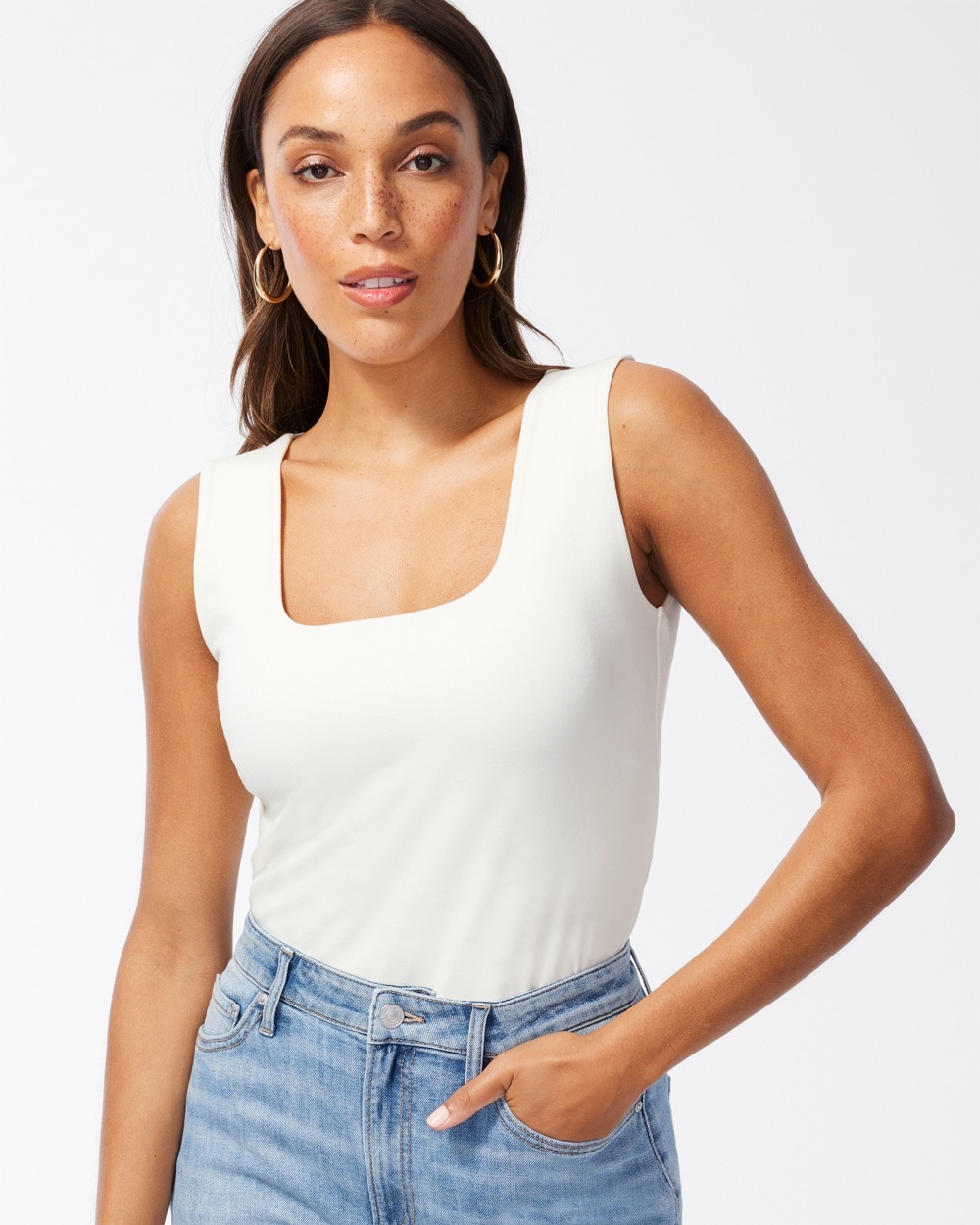 Chico's Tops | Contour Cotton White Square Neck Tank Ecru