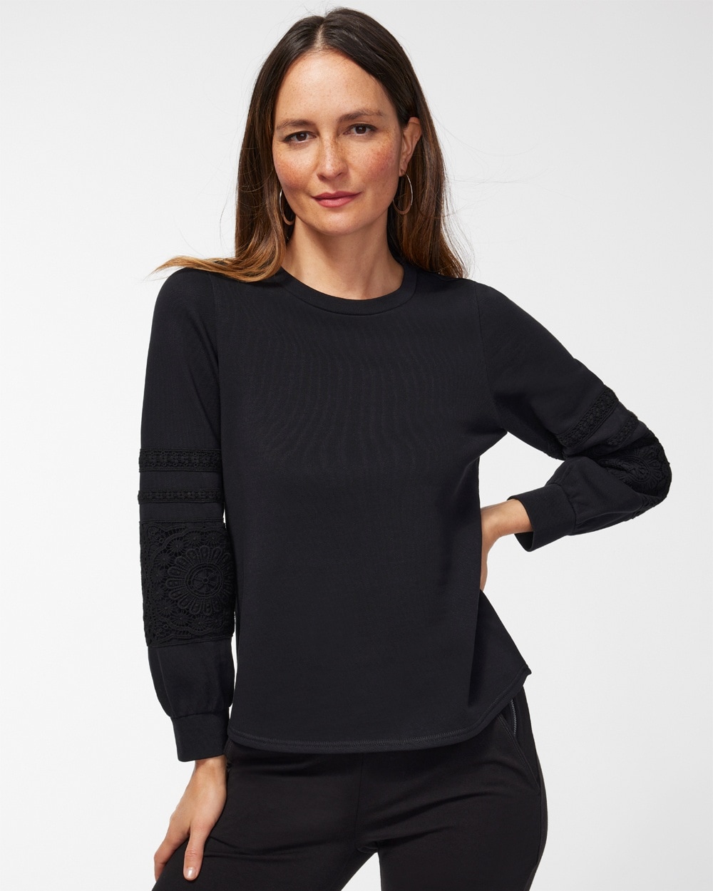 Chico's Activewear | Zenergy Lace Trim Sleeve Sweatshirt Black