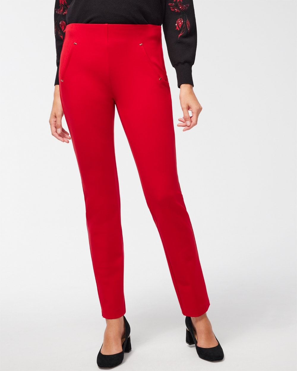 Chico's Jackets | Petite Juliet Ponte Trim Detail Pants Wild Poppy