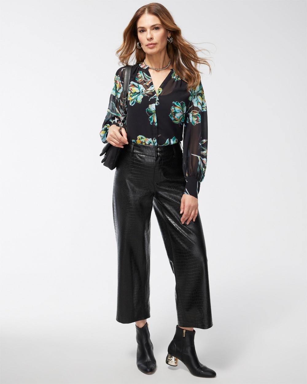 Chico's Pants | Faux Crocodile Wide Leg Crops Black