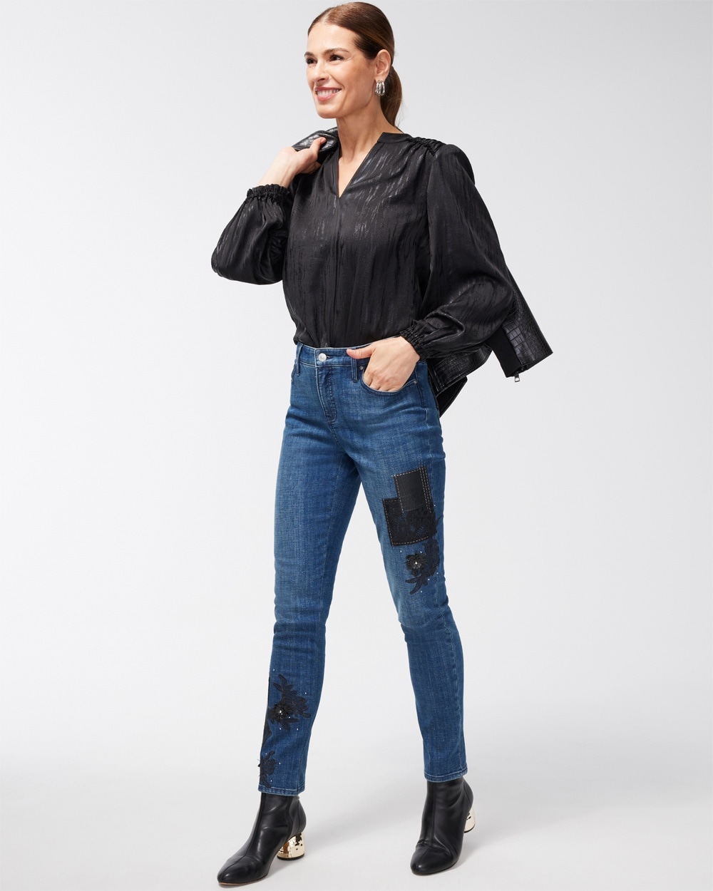 Chico's Dresses & Skirts | Petite Girlfriend Patchwork Ankle Jeans Mount Muir Indigo