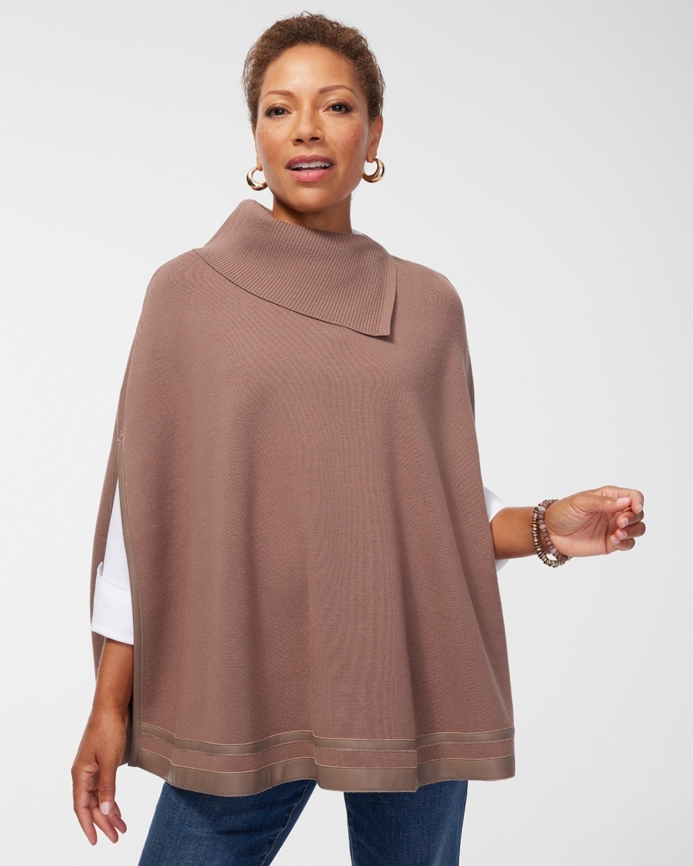 Chico's Scarves | Faux Leather Trim Sweater Cape Urban Taupe