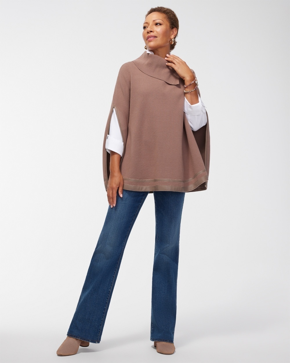 Chico's Scarves | Faux Leather Trim Sweater Cape Urban Taupe