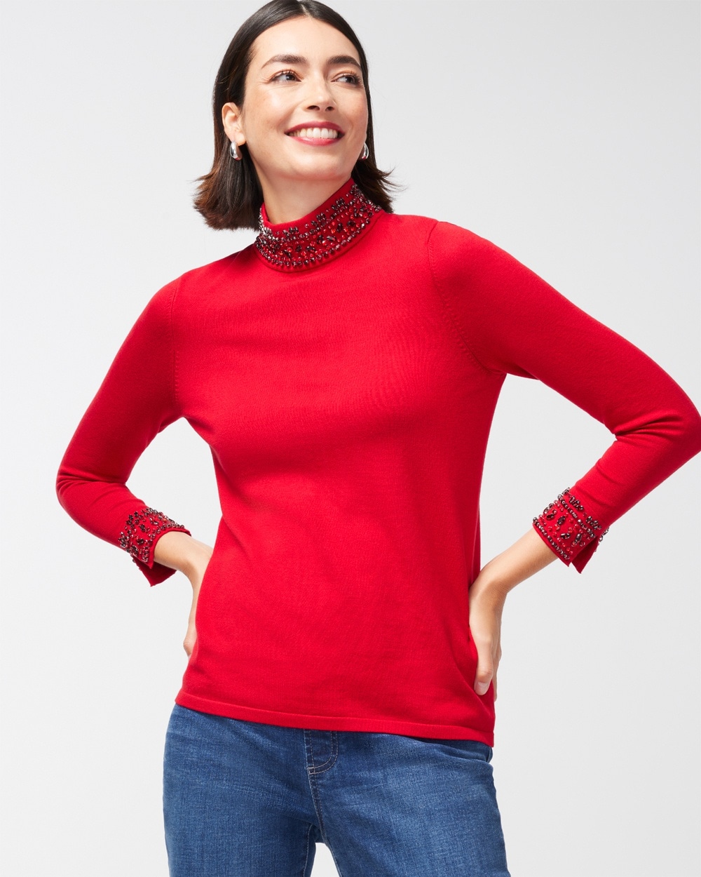 Chico's Sweaters | Embellished Floral Turtleneck Wild Poppy