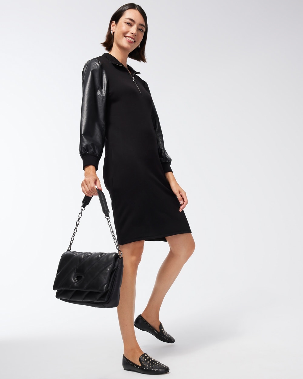 Chico's Dresses & Skirts | Zenergy Faux Leather Mix Dress Black