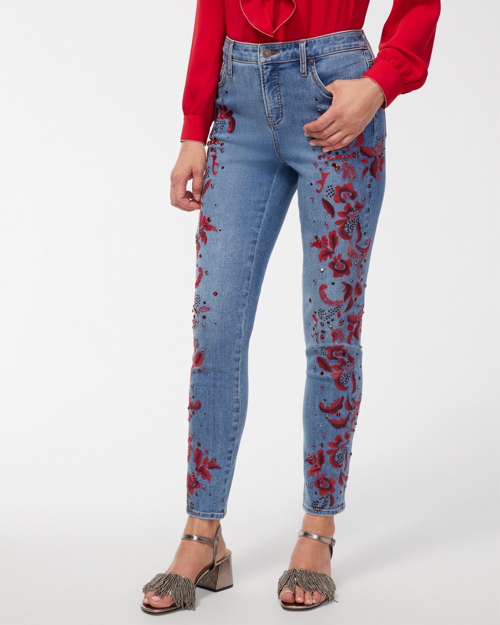 Chico's Dresses & Skirts | Petite Girlfriend Red Embellished Ankle Jeans Tacoma Indigo