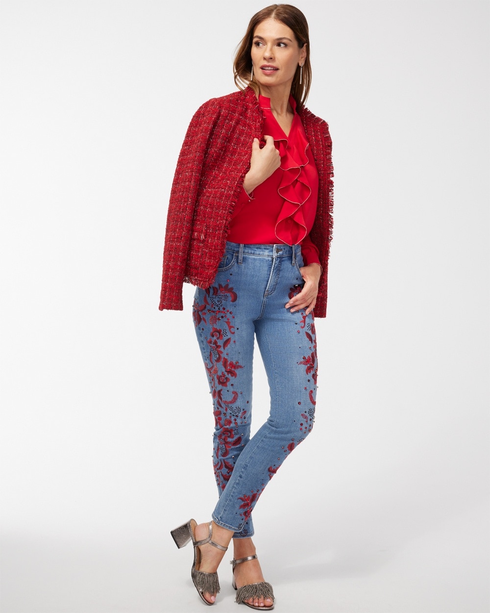 Chico's Dresses & Skirts | Petite Girlfriend Red Embellished Ankle Jeans Tacoma Indigo