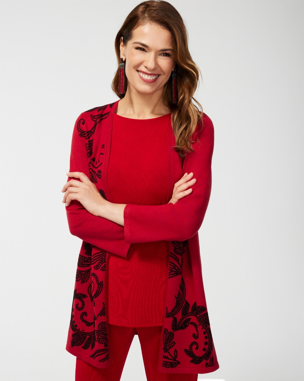 Chico's Jackets & Coats | Travelers Collection Sequin Scroll Print Cardigan Red Allure