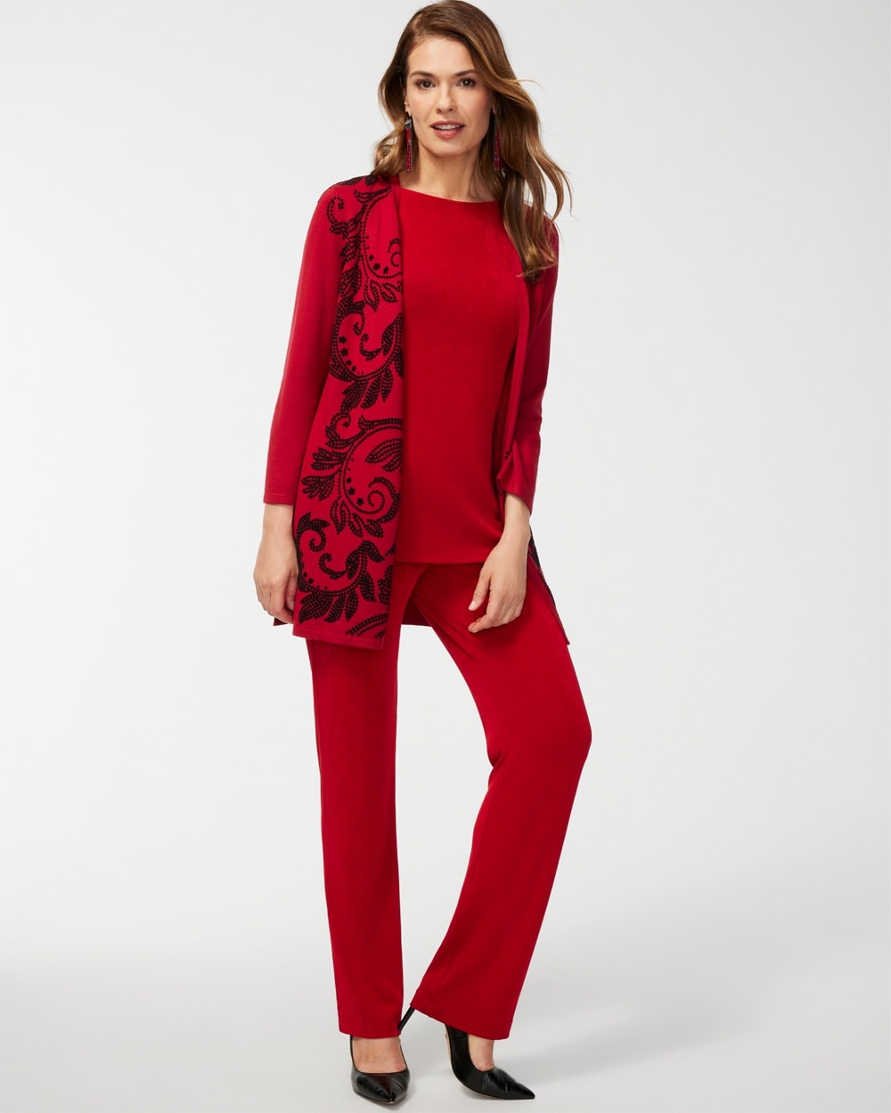 Chico's Jackets & Coats | Travelers Collection Sequin Scroll Print Cardigan Red Allure