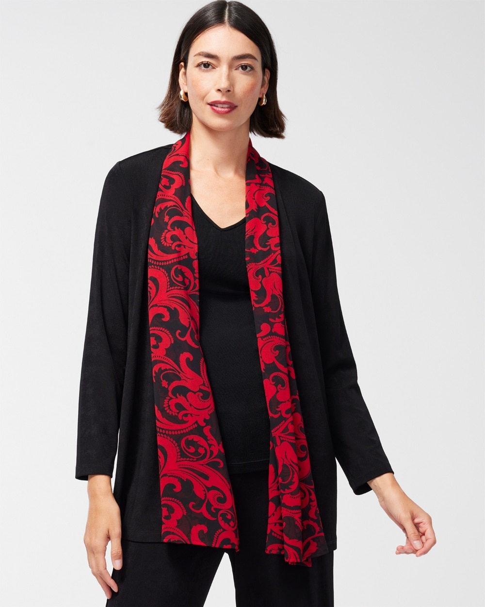 Chico's Jackets & Coats | Travelers Chiffon Trim Scroll Print Jacket Travelers Black