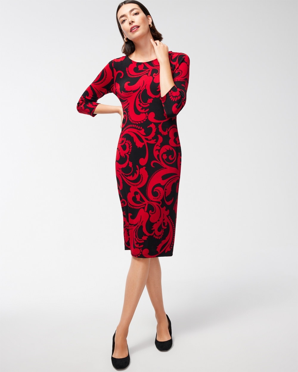 Chico's Dresses & Skirts | Travelers Scroll Print Classic Dress Red Allure