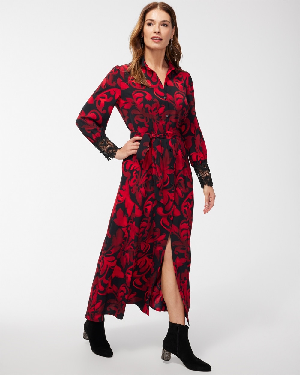 Chico's Best Sellers | Twill Lace Cuff Shirt Dress Wild Poppy/Black