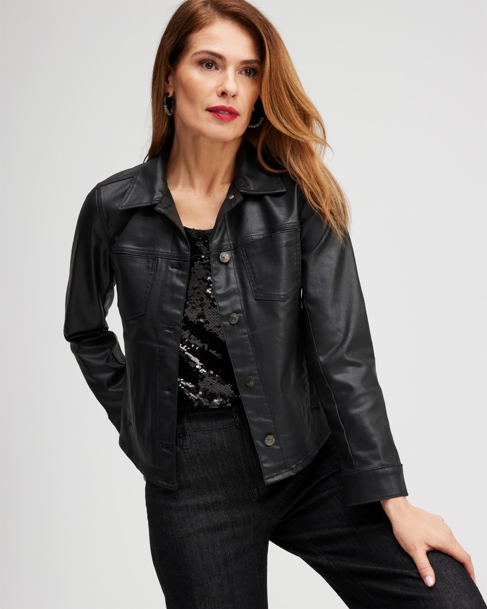 Chico's Jackets & Coats | Coated Denim Jacket Black