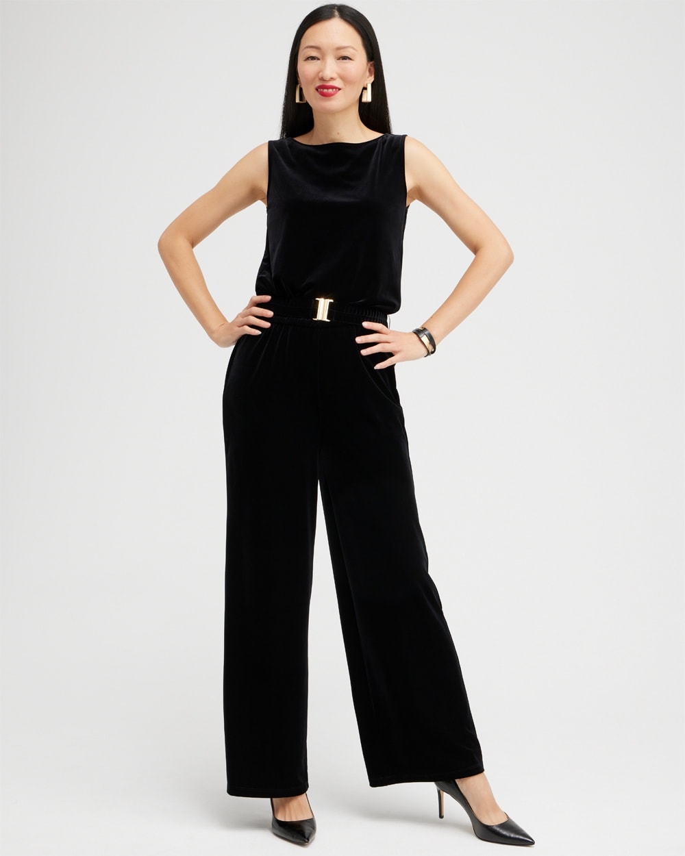 Chico's Pants | Petite Travelers Collection Velvet Belted Jumpsuit Travelers Black